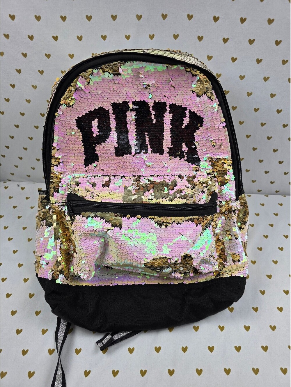 Victoria's Secret PINK Flip Sequin Backpack Gold Pink LOVE PINK Book Bag
